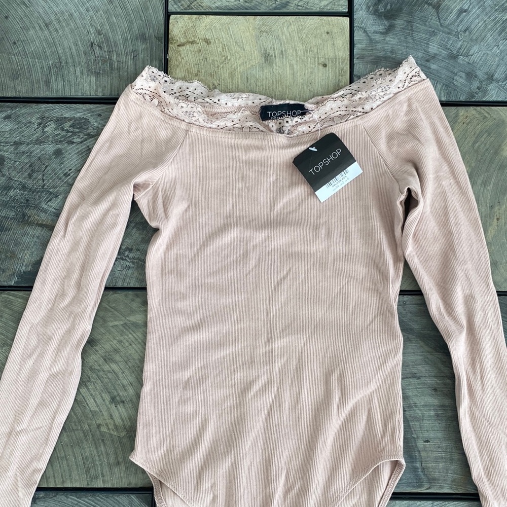 TOPSHOP blush long sleeve bodysuit with lace detail